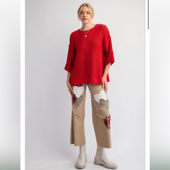 Easel Vibrant Scarlet Red Oversized Exposed Seam Round Neck Sweater - Picture 5 of 13